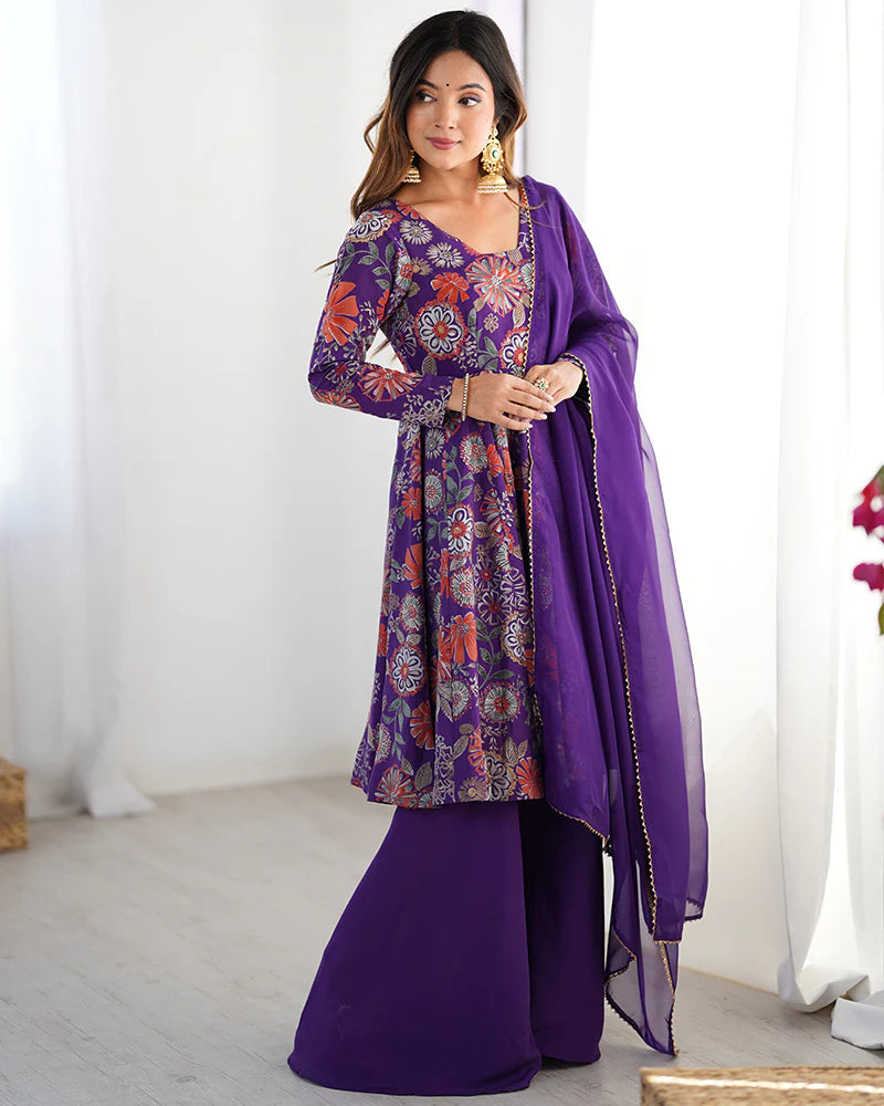 Womenline Purple Color Roman Silk Discharge Printed Plazzo Suit