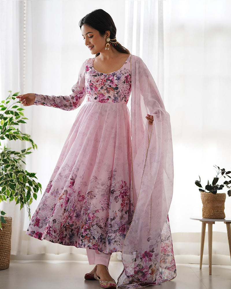 Womenline Baby Pink Color Floral Print Organza Three Piece Anarkali Suit