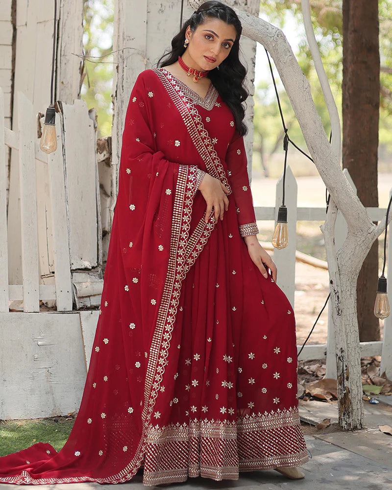 Womenline Designer Maroon Color Faux Blooming Embroidered Gown