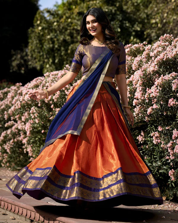 Womenline Orange Color Kanchipuram Silk Designer Half Saree