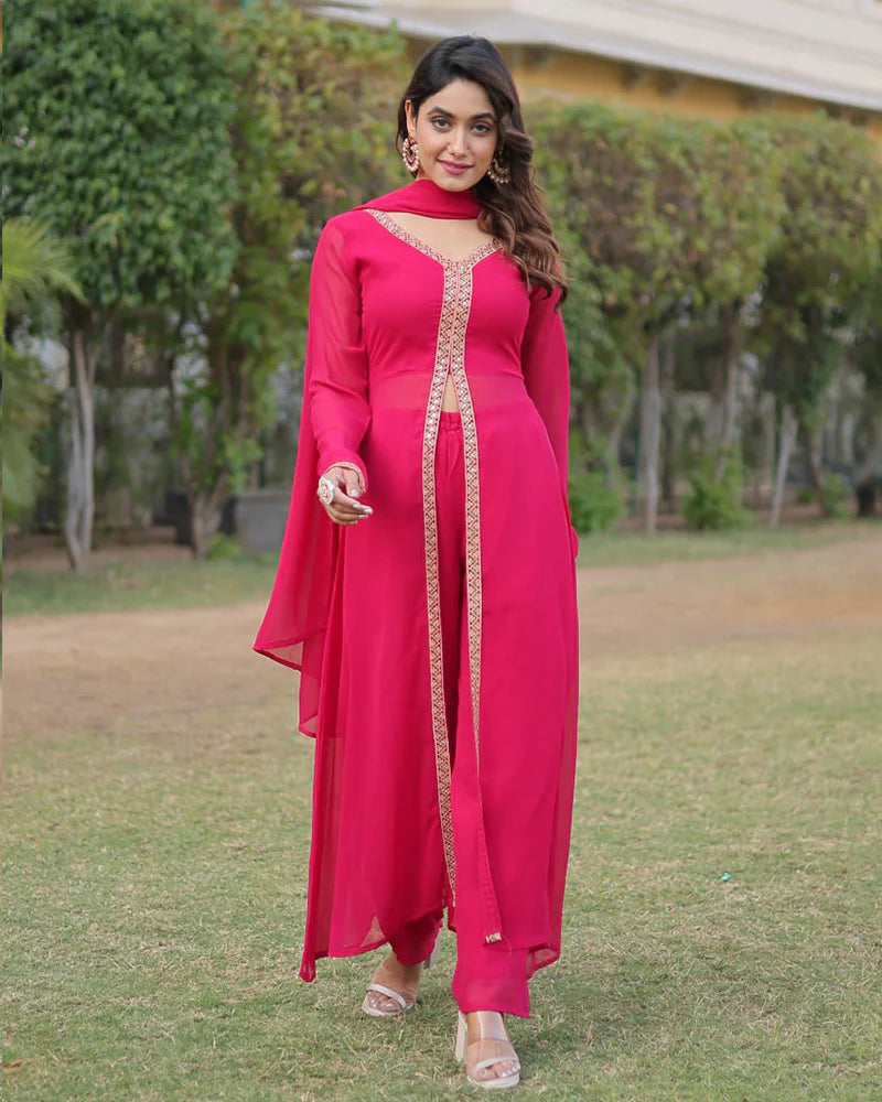 Womenline Western Designer Rani Pink Color Georgette Three Piece Kurti Suit
