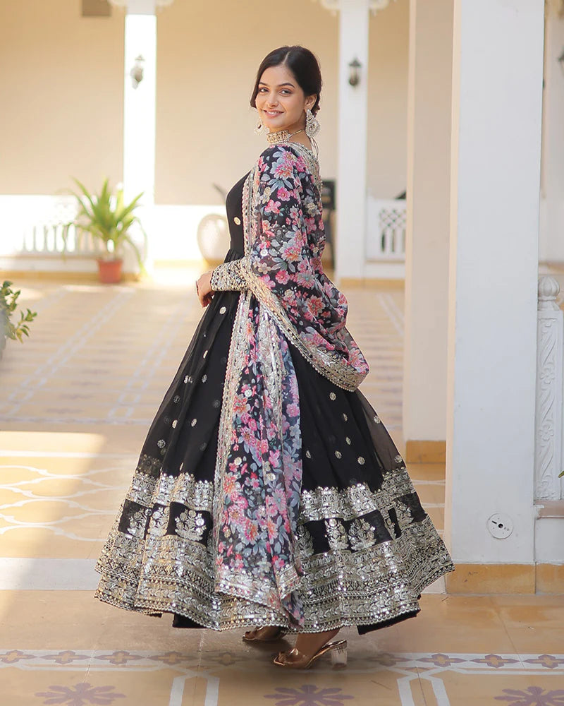 Womenline Black Color Faux Georgette Designer Gown With Dupatta