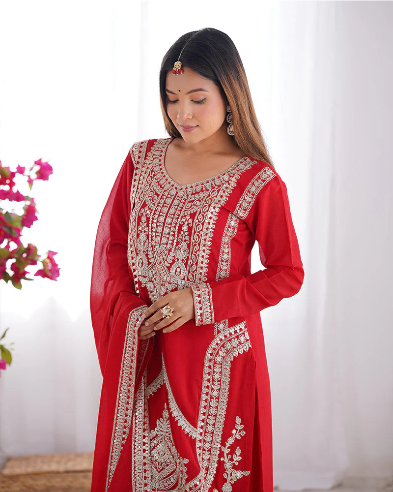 Womenline Red Color Vichitra Silk Three Piece Kurti Suit