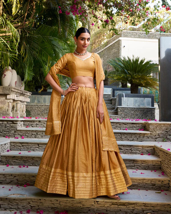 Womenline Mustard Color Pure Chanderi Plain Half Saree