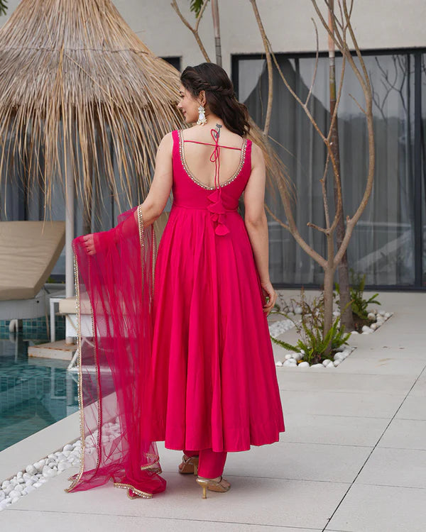 Womenline Rani Pink Color Chanderi Pure Roman Silk Anarkali Suit