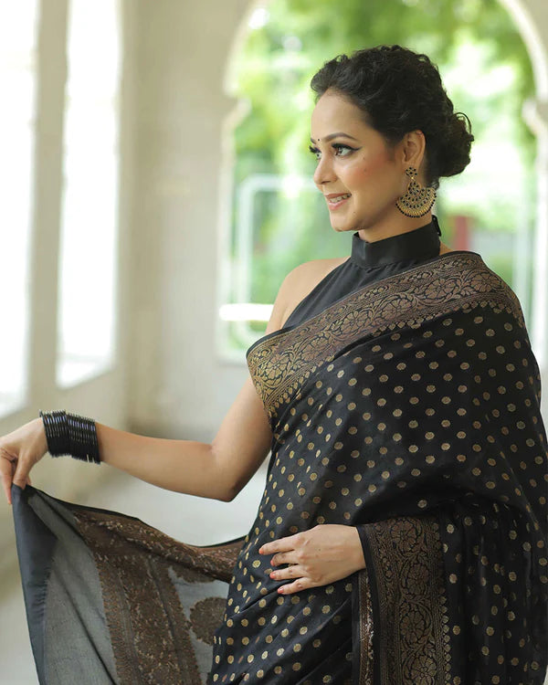 Womenline Black Color Banarasi Jacquard Soft Silk Saree