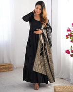 Womenline Black Color Pure Roman Silk Ruffle Style Anarkali Suit