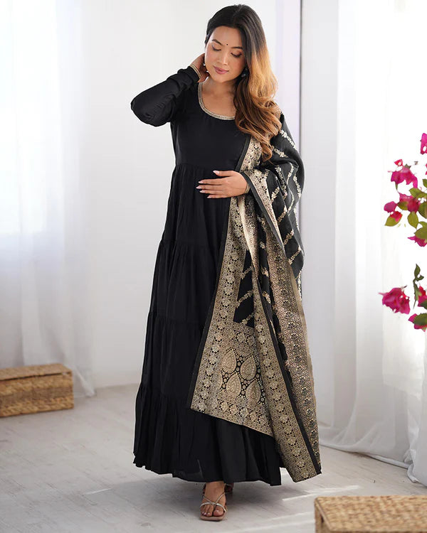 Womenline Black Color Pure Roman Silk Ruffle Style Anarkali Suit
