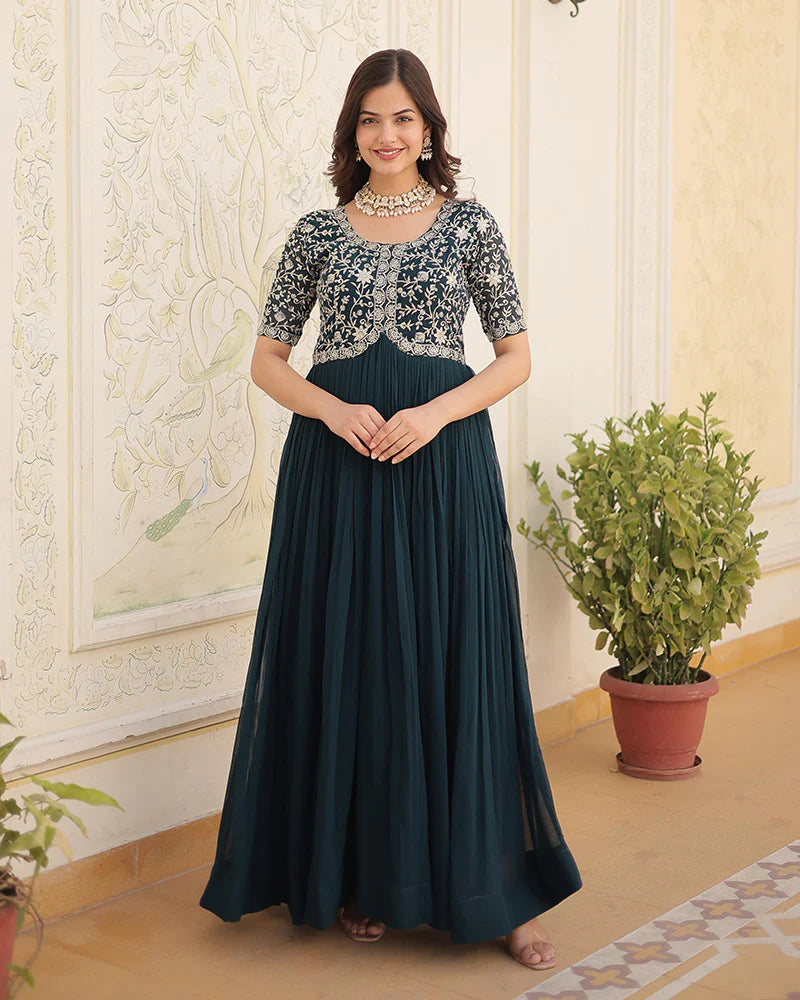 Womenline Rama Color Faux Blooming Zari sequence Embroidered Gown