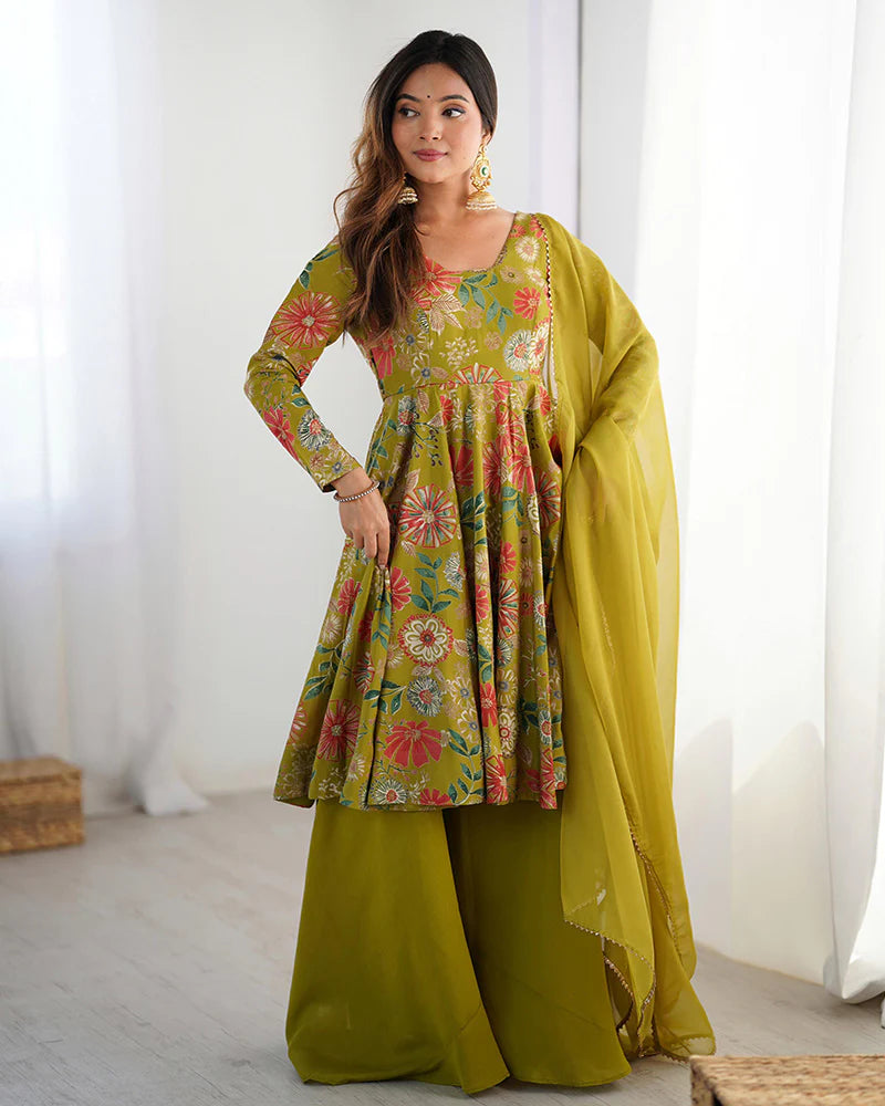 Womenline Mehndi Color Roman Silk Discharge Printed Plazzo Suit