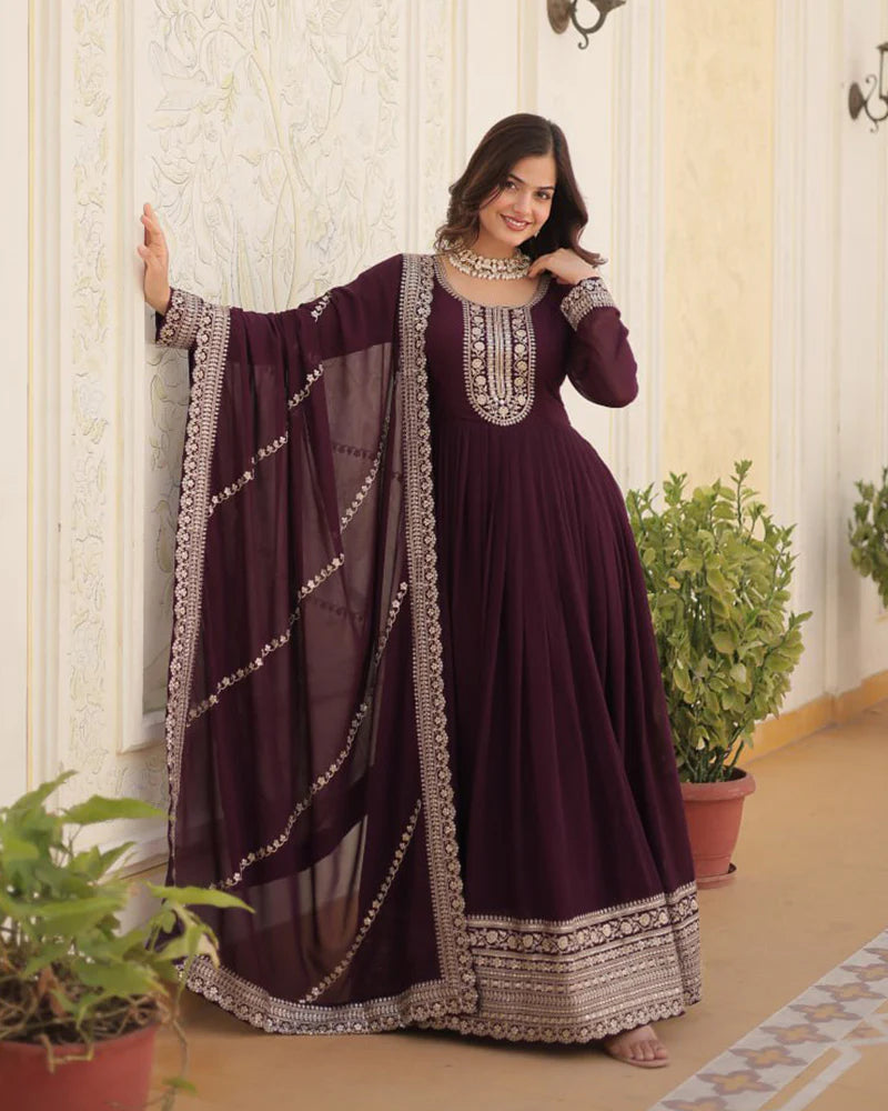 Womenline Wine Color Faux Blooming Rich Sequence Embroidered Gown