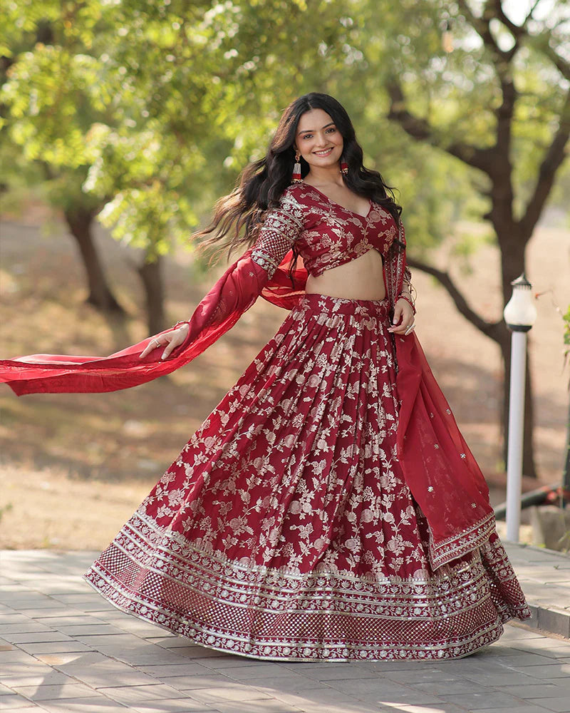 Womenline Maroon Color Pure Viscose Jacquard Lehenga Choli