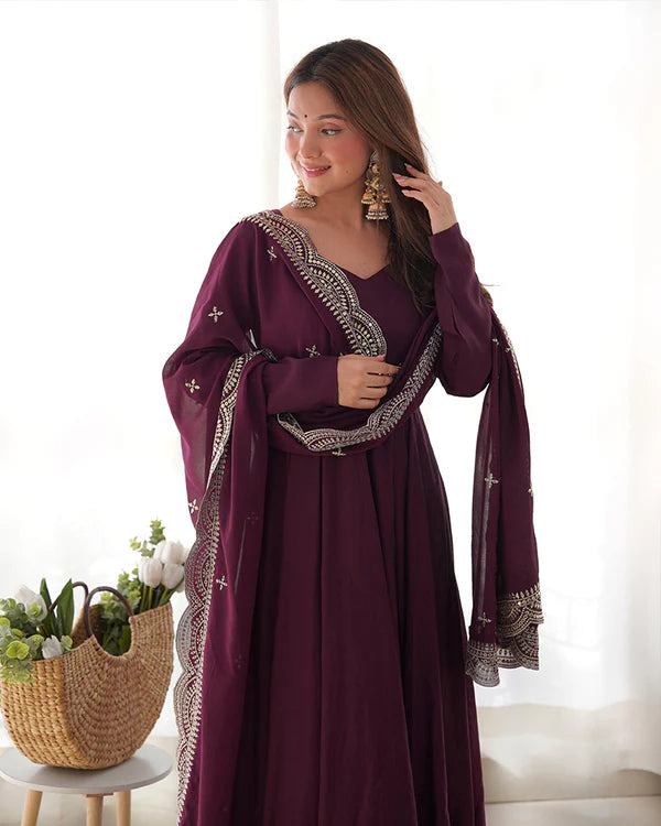 Womenline Beautiful Wine Color Pure Chanderi Silk Three Piece Anarkali Suit