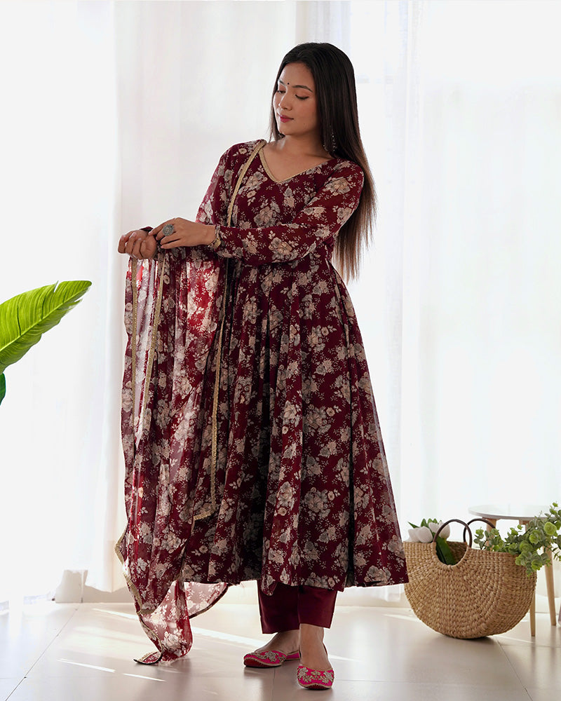Womenline Dark Maroon Color Georgette Three Piece Anarkali Suit