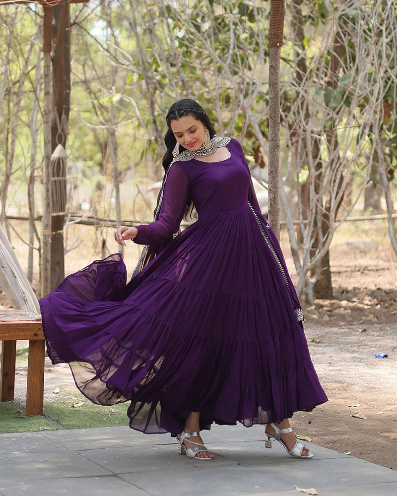 Womenline Purple Color Designer Embroidered Gown With Dupatta