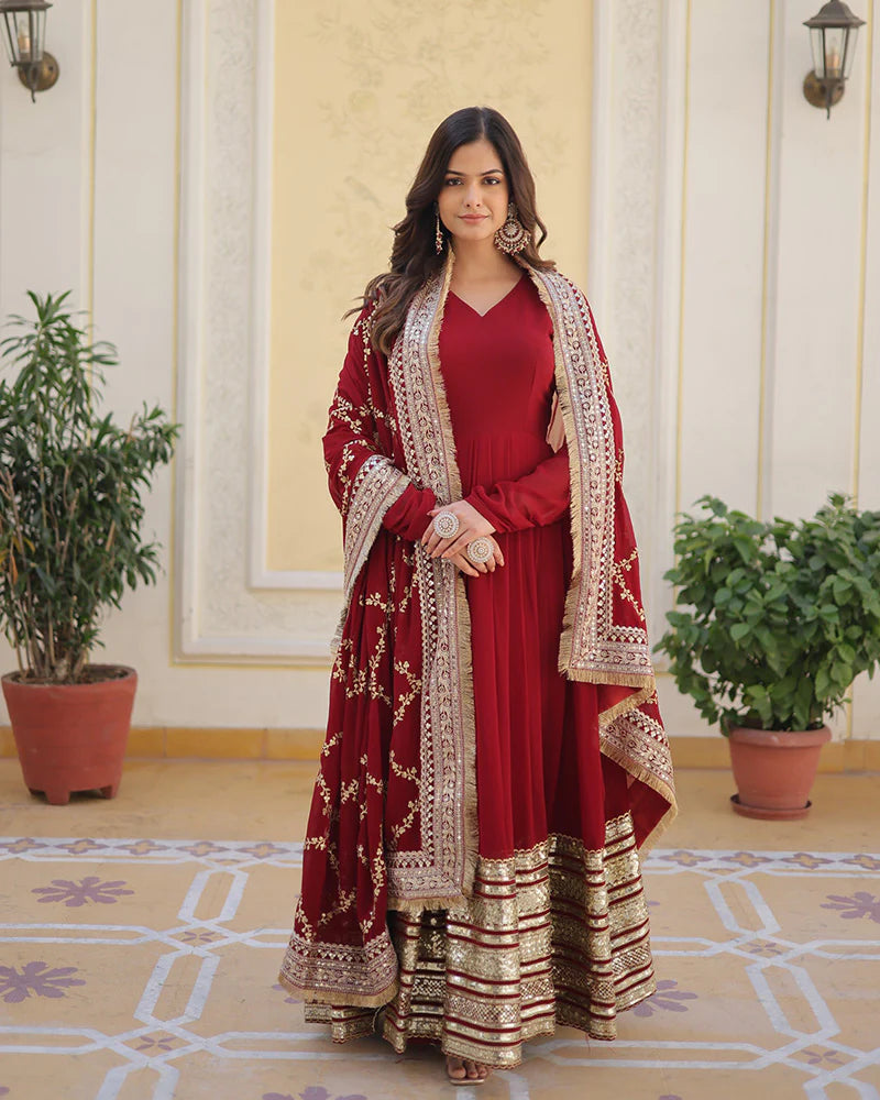 Womenline Designer Maroon Color Blooming Sequence Embroidery Work Gown