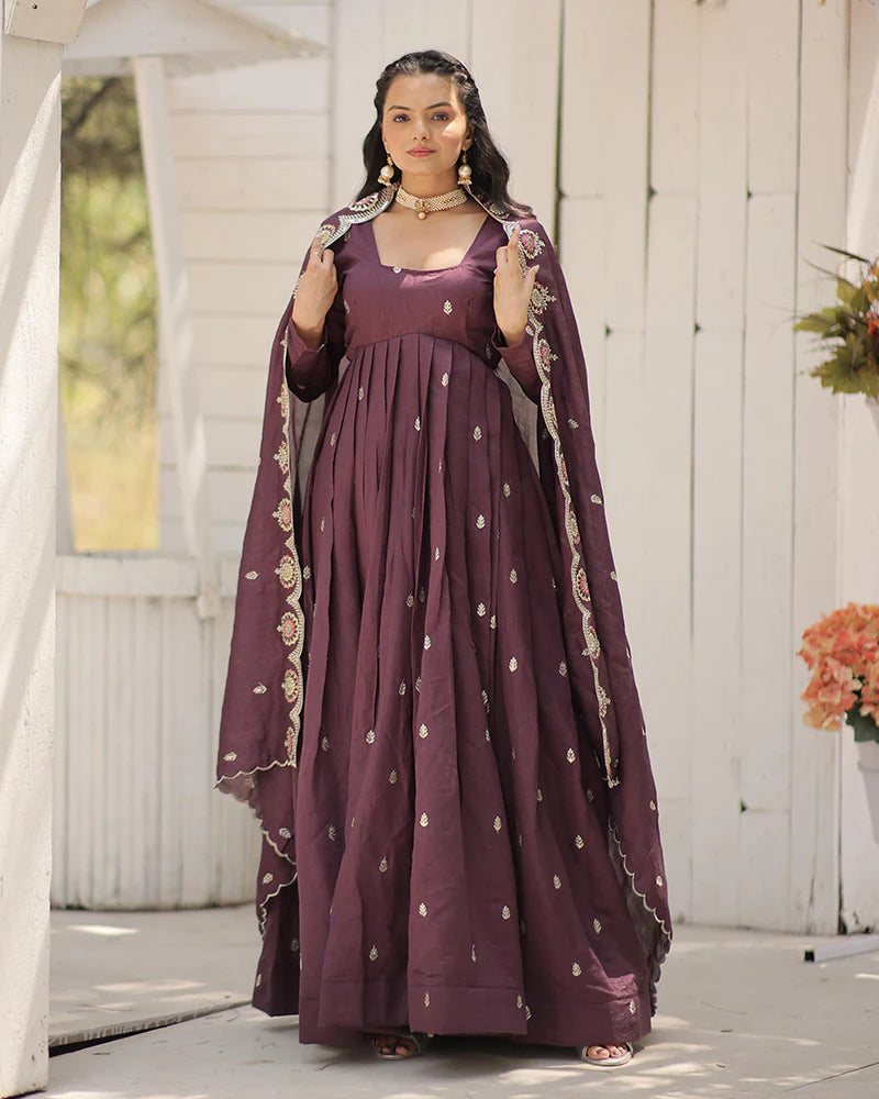 Womenline Onion Color Vichitra Shimmer Sequence Embroidered Gown