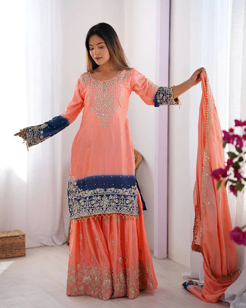 Womenline Peach Color Chinnon Sequence Work Plazzo Suit