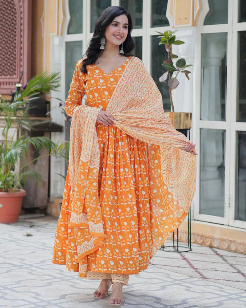 Womenline Orange Color Printed Pure Cotton Three Piece Kurti Suit