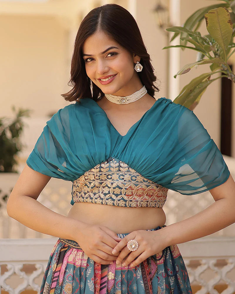 Womenline Rama Color Designer Russian Silk Embroidery Crop Top Lehenga Choli