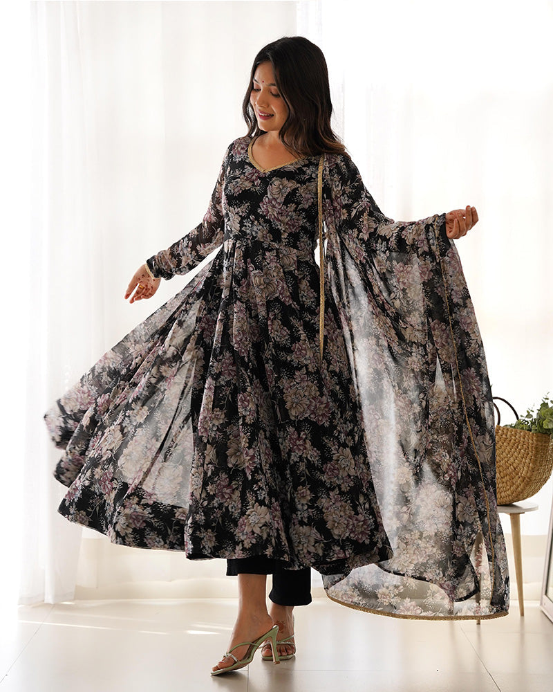 Womenline Black Color Georgette Three Piece Anarkali Suit