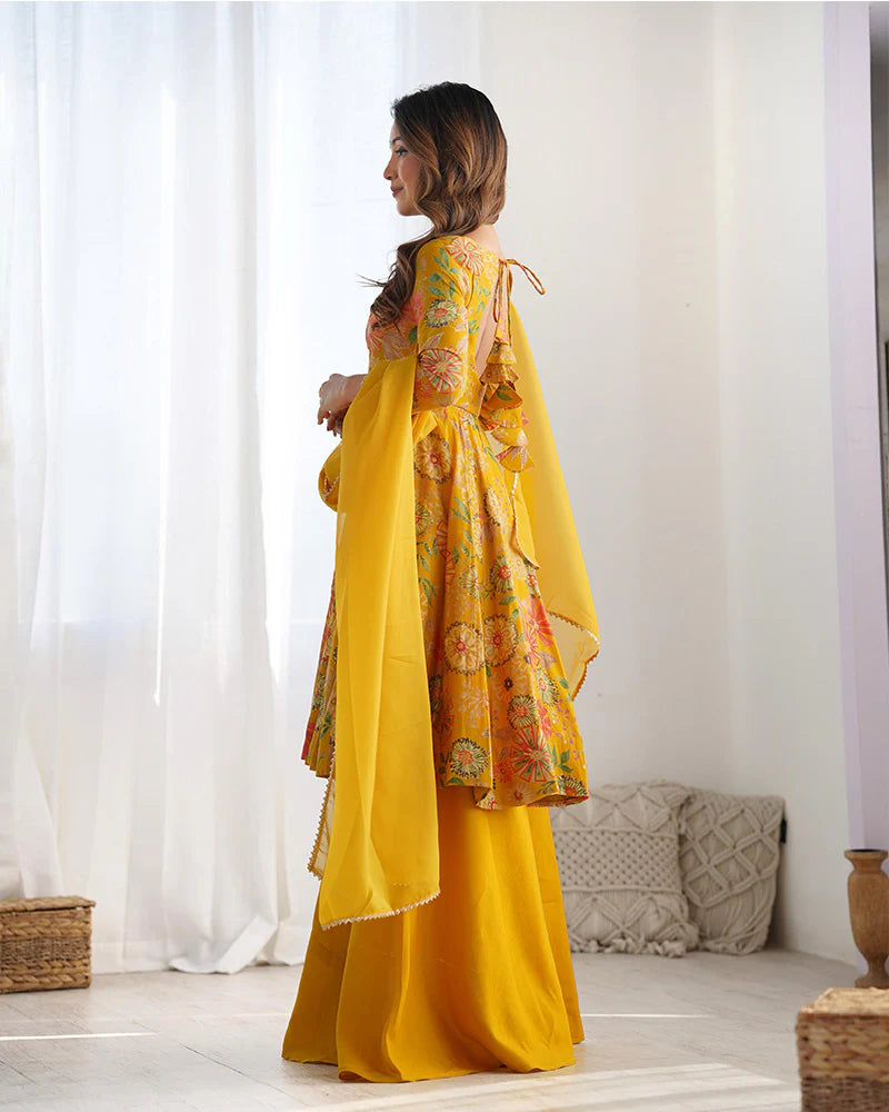 Womenline Mustard Color Roman Silk Discharge Printed Plazzo Suit