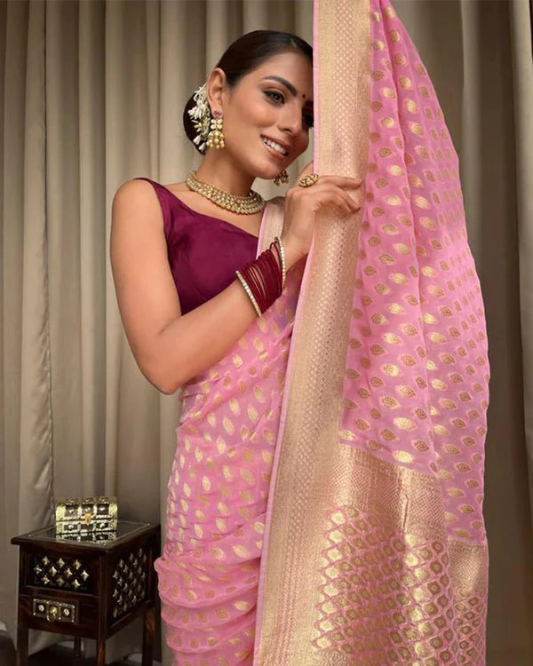 Womenline Beautiful Baby Pink Color Banarasi Jacquard Weaving Saree