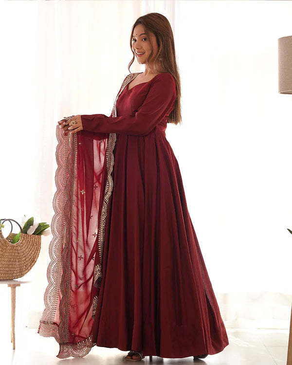 Womenline Beautiful Maroon Color Pure Chanderi Silk Three Piece Anarkali Suit