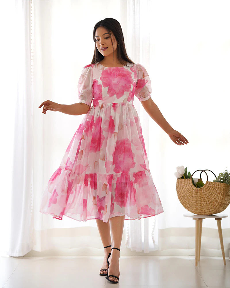 Womenline Baby Pink Color Floral Printed Organza Silk Tunic