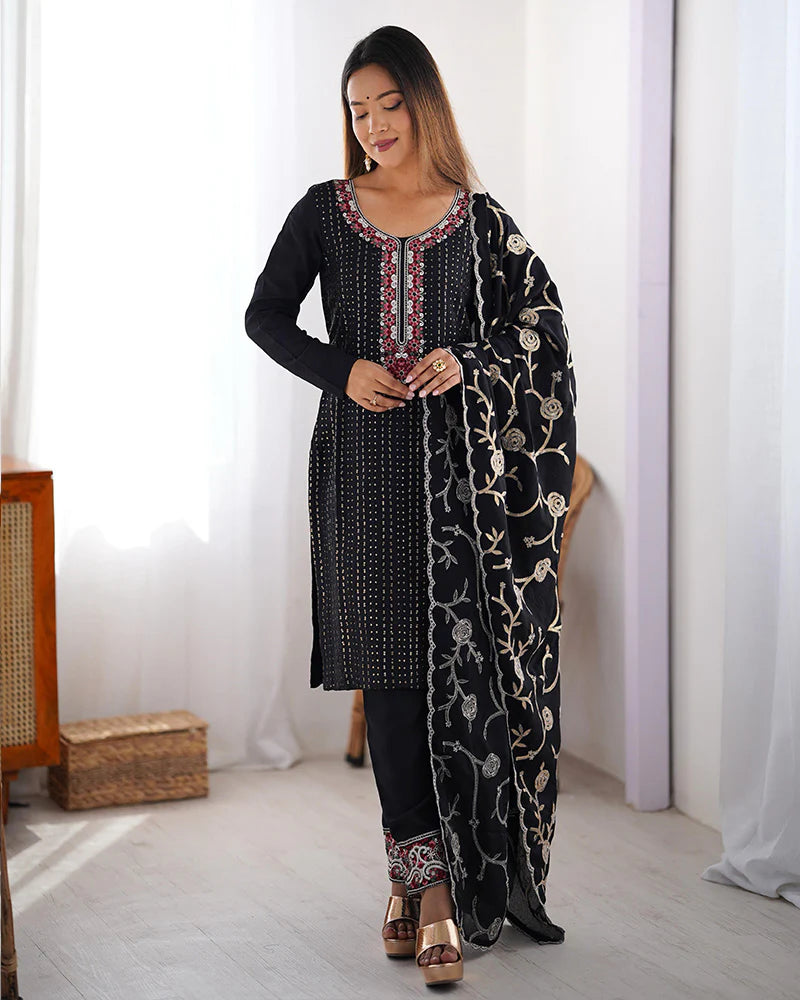 Womenline Black Color Chinon Silk Three Piece Kurti Suit