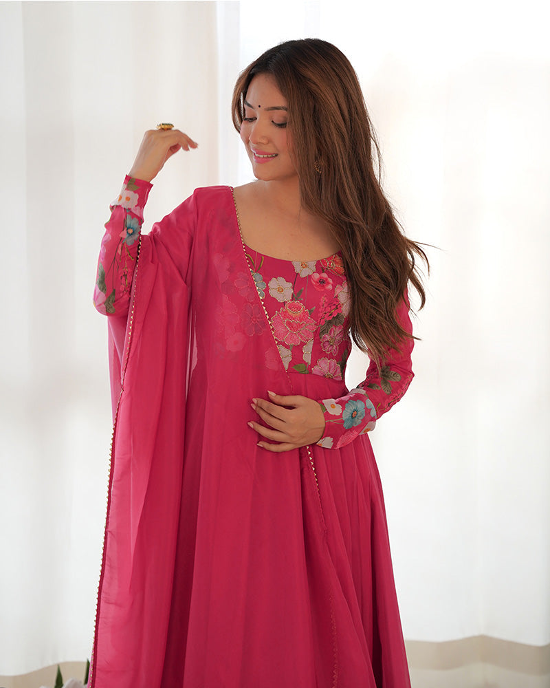 Womenline Rani Pink Color Floral Print Organza Three Piece Anarkali Suit