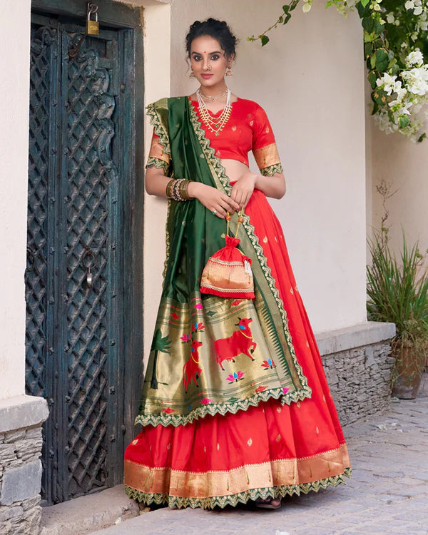 Womenline Red Color Jacquard Silk Half Saree