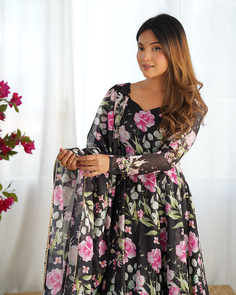 Womenline Black Color Pure Soft Organza Three Piece Anarkali Suit