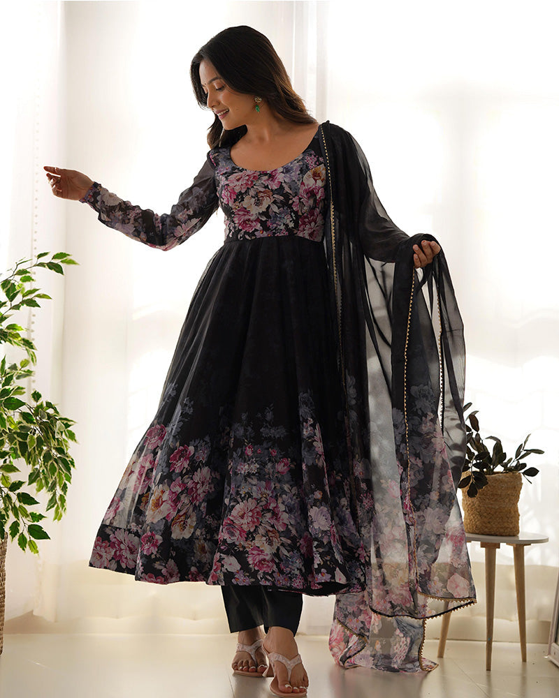 Womenline Black Color Floral Print Organza Three Piece Anarkali Suit