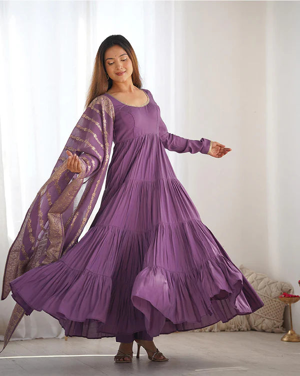 Womenline Dusty Purple Color Pure Roman Silk Ruffle Style Anarkali Suit