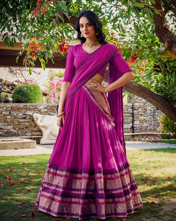 Womenline Pink Color Pure Chanderi Plain Half Saree