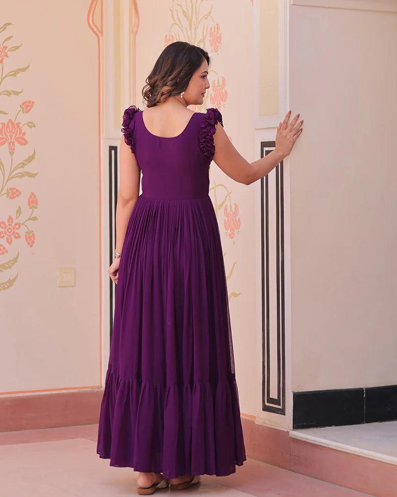 Womenline Wine Color Faux Blooming Embroidered work Gown