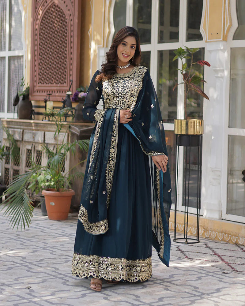 Womenline Rama Color Faux Blooming Embroidered Gown