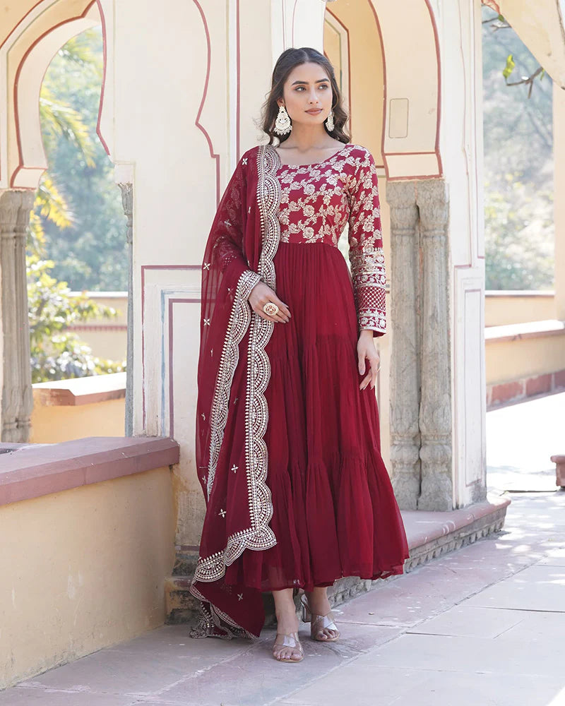 Womenline Maroon Color Anarkali Gown With Faux Blooming Dupatta