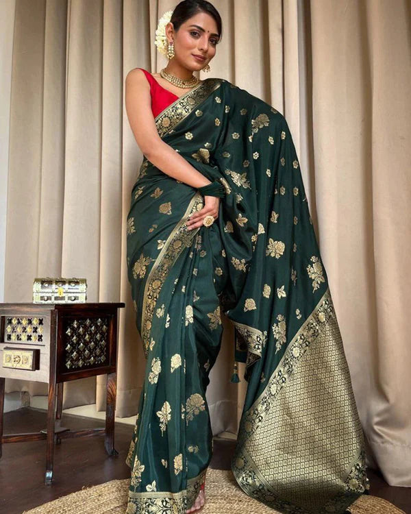 Womenline Dark Green Color Big Flower Design Banarasi Soft Silk Saree