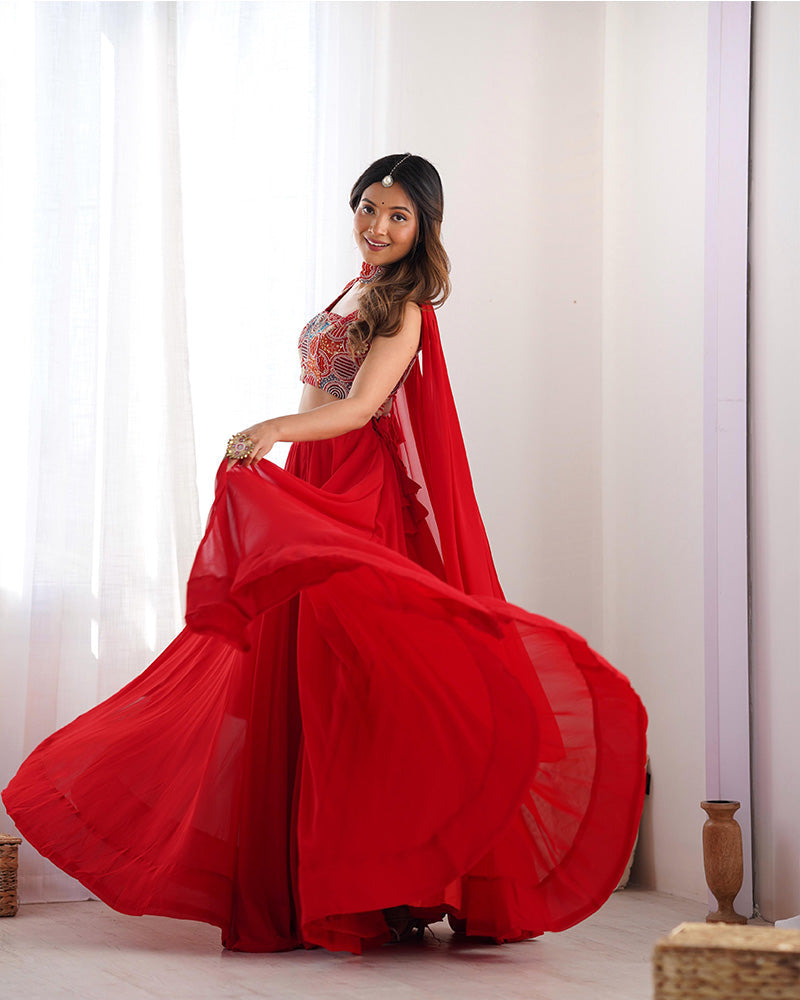 Womenline Red Color Pure Soft Georgette Lehenga Choli