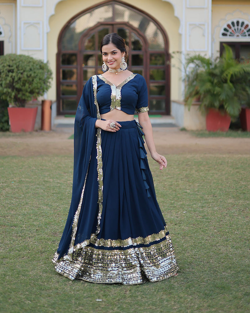 Womenline Rama Color Georgette Sequence Embroidery Lehenga Choli