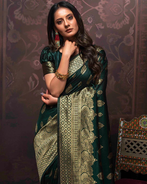 Womenline Dark Green Color Banarasi Jacquard Soft Silk Saree