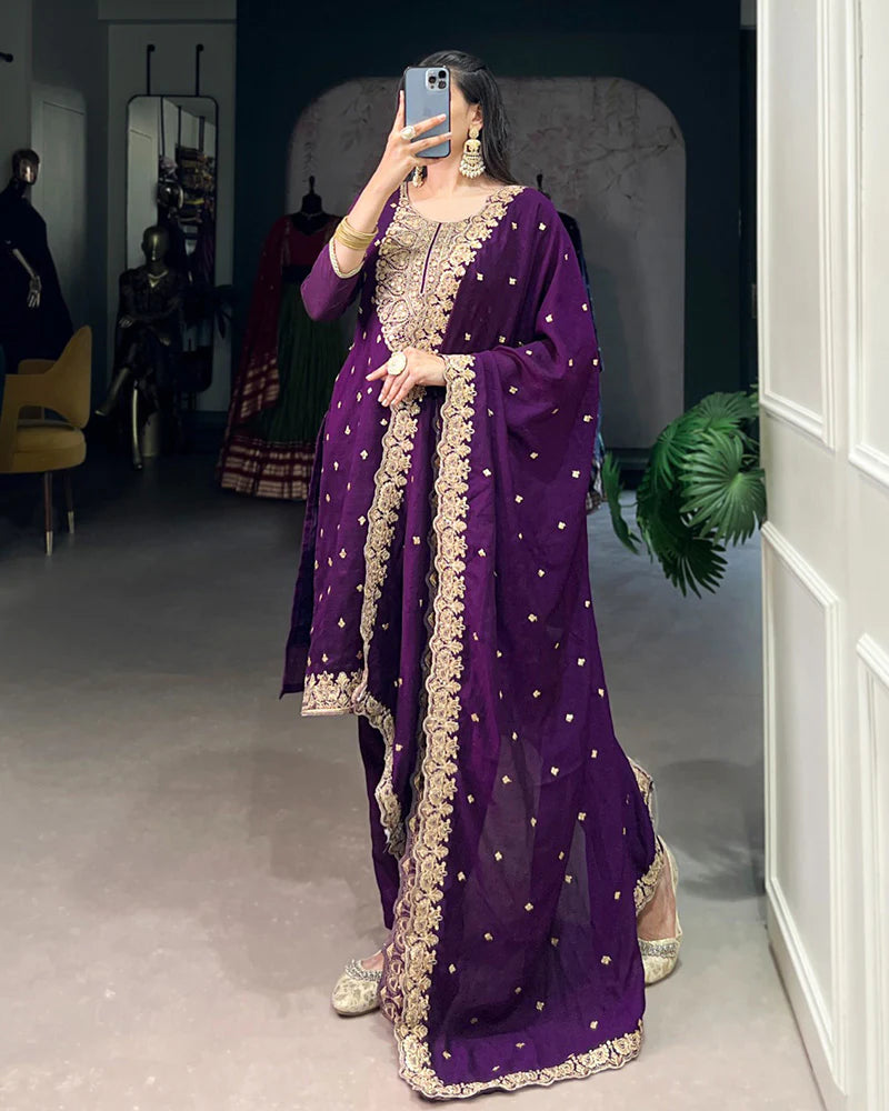 Womenline Purple Color Vichitra Silk Embroidered Three Piece Kurti Suit
