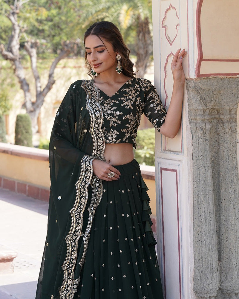 Womenline Wedding Wear Dark Green Color Designer Blooming Semi stitched Lehenga Choli