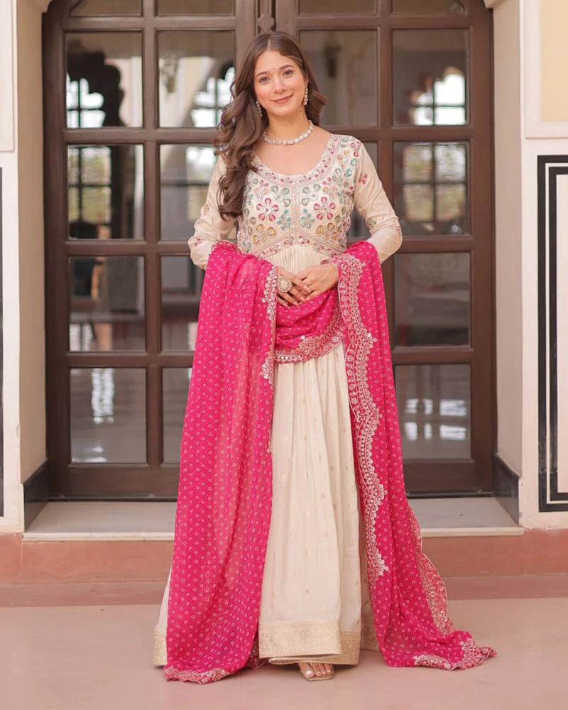 Womenline Off-White Color Jacquard Gown With Pink Dupatta
