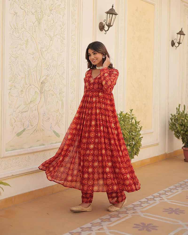Womenline Designer Red Color Georgette Printed Co-Ord Set