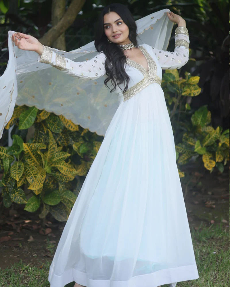 Womenline Wedding Wear Embroidered White Color Alia Cut Gown With Dupatta