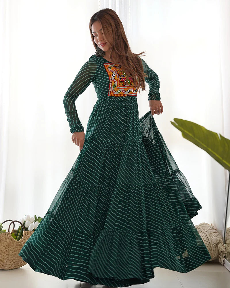 Womenline Green Color Georgette Laheriya Print Navratri Gown