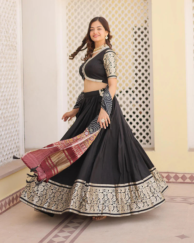 Womenline Black Color Jacquard Lehenga Choli With Gaji Silk Dupatta